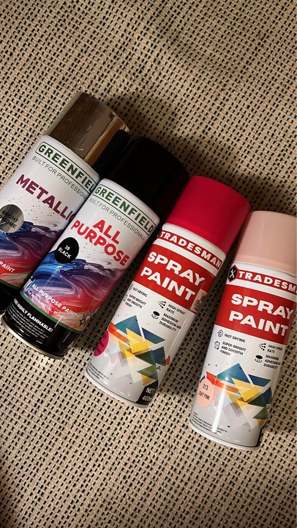 4 cans of Spray Paint (Category: Craft Supplies & Tools) located in Pasig City. Submitted by shop.prelovedbycza (Listing ID 1458421777, Image 1). Description: -Brand: Greenfield, Shade: 39 Black, 10% used -Brand: Greenfield, Shade: Bright Chrome (Silver), 20% used -Brand: Tradesman, Shade: 2012 Fluorescent Fuchsia Pink, 35% used -Brand: Tradesman, Shade: 313 Light Pink, 30% used -Location: Pasay City -Shipping must be shouldered by buyer.
