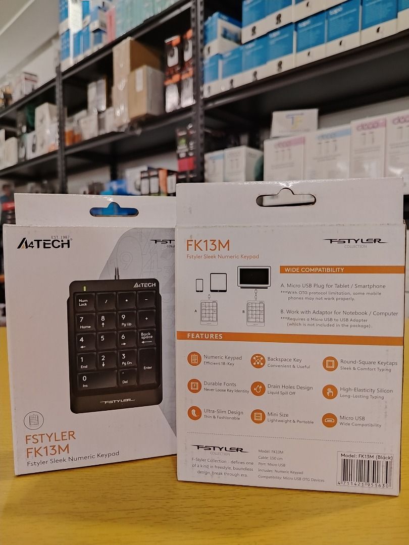 A4tech FK13M Fstyler Wired Numeric Keypad Micro USB w/ USB Adapter (Category: Computer Parts) located in Pasig City. Submitted by technofuseofficial (Listing ID 1458386806, Image 2). Description: A4tech FK13M Fstyler Wired Numeric Keypad Micro USB w/ USB Adapter Brand New and Original Items Store Location: 3Rd Floor Unit 303, 604 Shaw Boulevard, Barangay Kapitolyo, Pasig City Same Day Delivery: - Lalamove delivery within Metro Manila - For walk-i