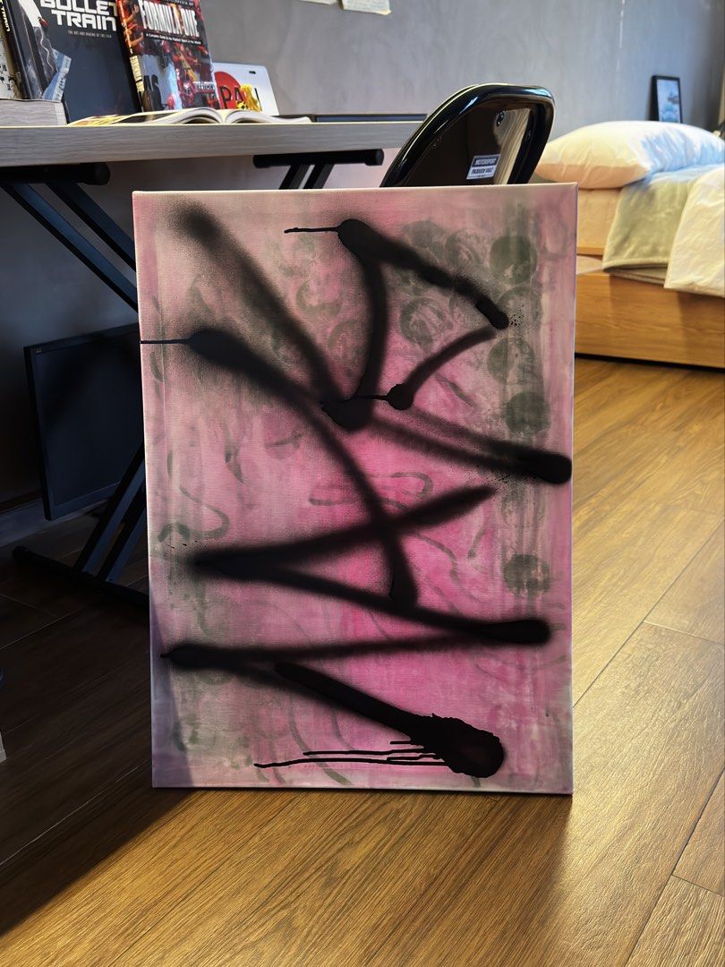 Abstract Spray Paint Canvas Art Pink Black Graffiti (Category: Art & Prints) located in Manila. Submitted by markost (Listing ID 1458348413, Image 3). Description: - Hand-painted abstract canvas art - Unique spray paint and graffiti design - Pink and grey base with bold black strokes - Perfect statement piece for your wall - Ready to hang.