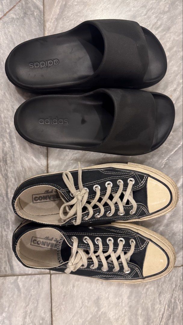Adidas Slides, Converse Chuck 70s, Adidas Cap Bundle (Category: Sneakers) located in Manila. Submitted by carefreeprey (Listing ID 1458347012, Image 1). Description: Bundle includes: Adidas slides, Converse Chuck 70s, and Adidas cap (Php 5000) - All items are black Price/item - Converse Chuck 70s: Women's size 7.5 (Php 3000) - Adidas Adilette: Size 6 (Php 1300) - Adidas Cap: One size fits women (Php 1000) - Ideal for casual wear.