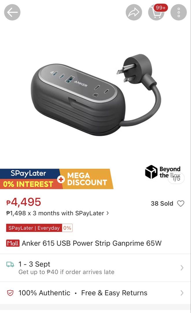 Anker 615 USB Power Strip GaNPrime 65W (Category: Chargers & Cables) located in Quezon City. Submitted by hectorious_123 (Listing ID 1458403895, Image 3). Description: Anker 615 USB Power Strip GanPrime 65W Condition: Brand New Selling my Anker 615 USB Power Strip GanPrime 65W, bought August 11, 2026. Only used twice for testing, and it has never been used for regular/daily use. The protective plastic film on the surface is still intact and has n