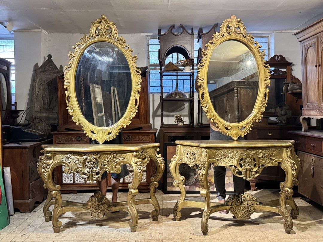 Antique Pair of Narra Console Table with Mirror (Category: Tables & Sets) located in Manila. Submitted by sinaunang_gamit (Listing ID 1458449981, Image 1). Description: Antique Pair of Narra Console Table with Mirror Total Height: 82 inches Length: 50 inches Width: 18 inches ₱16k per set.