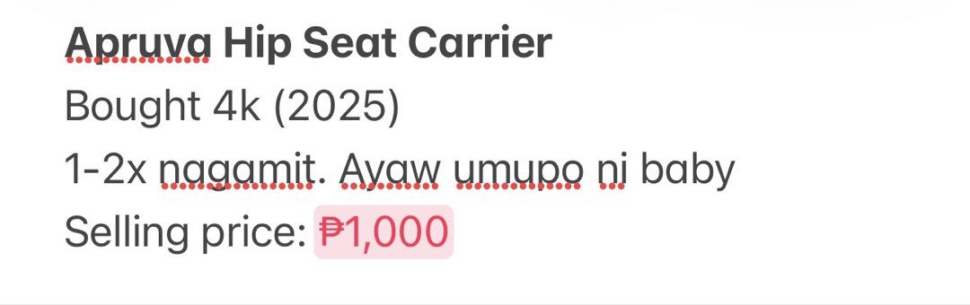 Apruva Hip Seat Carrier (Category: Carriers & Slings) located in Quezon City. Submitted by warmbear.c1d0c5 (Listing ID 1458438675, Image 1). Description: - Apruva Hip Seat Carrier - Bought for 4,000 pesos (mall) - Used only 1-2 times NEGOTIABLE.