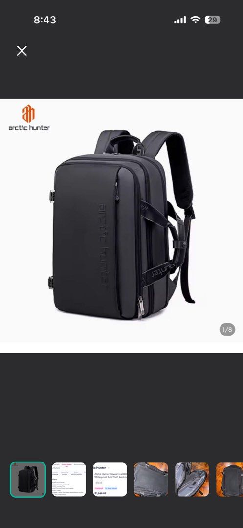 Arctic Hunter Waterproof Anti-Theft Backpack (Category: Backpacks) located in Taguig. Submitted by arfrnc (Listing ID 1458429557, Image 1). Description: - Arctic Hunter backpack - Made with durable Oxford/PU-Coating - Polyester fiber lining - Fits up to a 15.6-inch laptop - Ample storage for essentials (laptop, iPad, phone, etc.) - Dimensions: 29.5cm x 44cm x 14cm - Weight: 1.55kg - Perfect for travel or everyday carry.