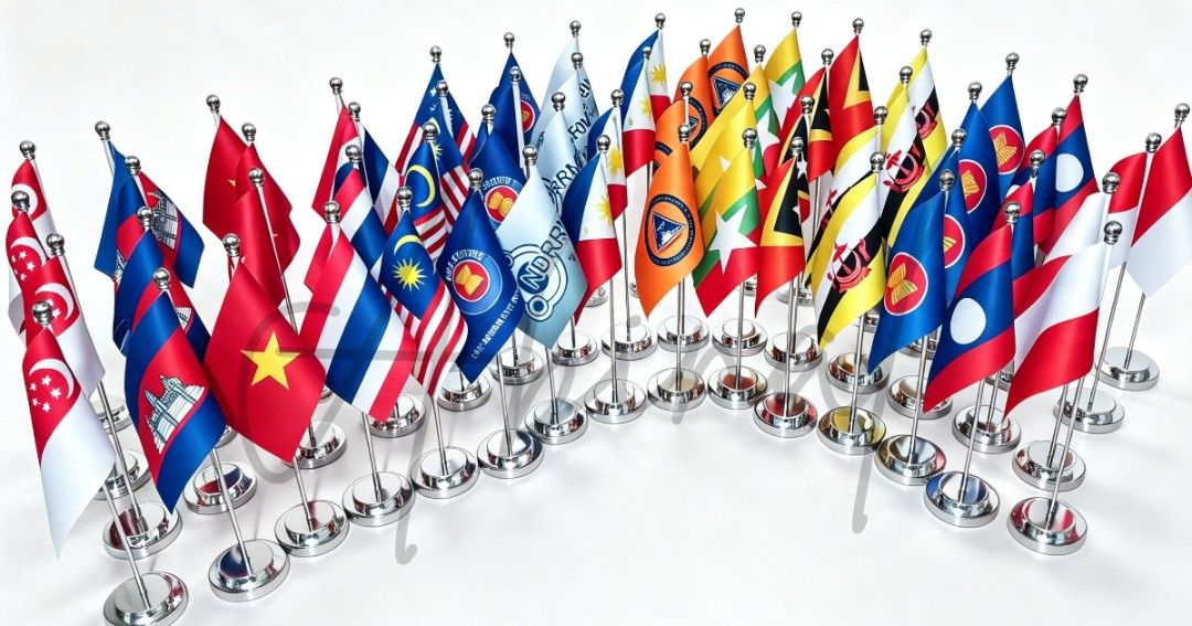 ASEAN Countries Table Flags Set (Category: Tables & Sets) located in Valenzuela. Submitted by pure.sofiaskitchenessenti (Listing ID 1458359376, Image 2). Description: - Set of table flags featuring ASEAN and other nations. - Ideal for display, events, or educational purposes. - Each flag is mounted on a silver stand. - Includes flags from Singapore, Cambodia, Vietnam, Malaysia, Philippines, Myanmar, Laos, Indonesia, and more. - Great for collecto