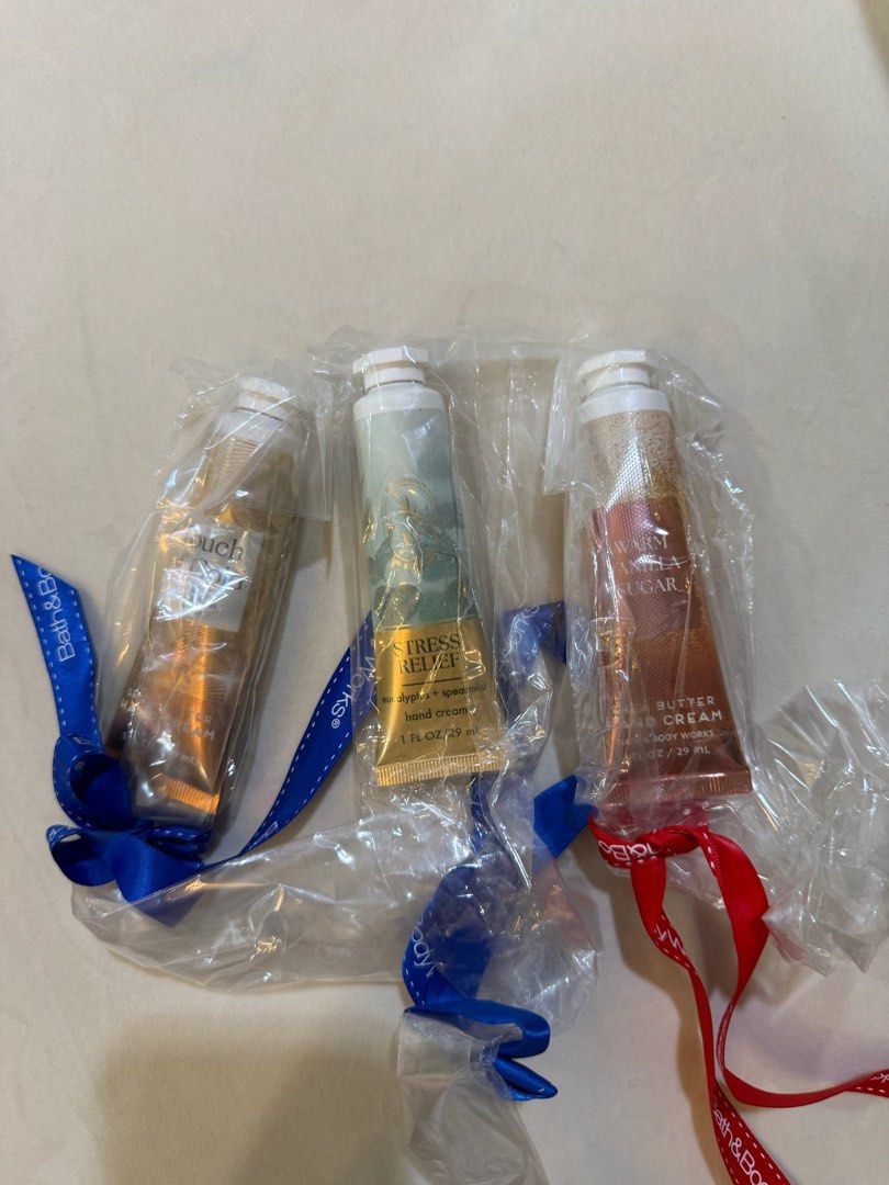 Assorted Bath & Body Works Hand Cream (Category: Hands & Nails) located in Quezon City. Submitted by curated.closet.co (Listing ID 1458356967, Image 1). Description: Assorted Bath & Body Works Hand Cream - Size: 1 fl oz/ 29mL each - 1 x Warm Vanilla sugar - 1 x Stress Relief - 1 x Touch of Gold - Good for hand scents - ₱220 each.
