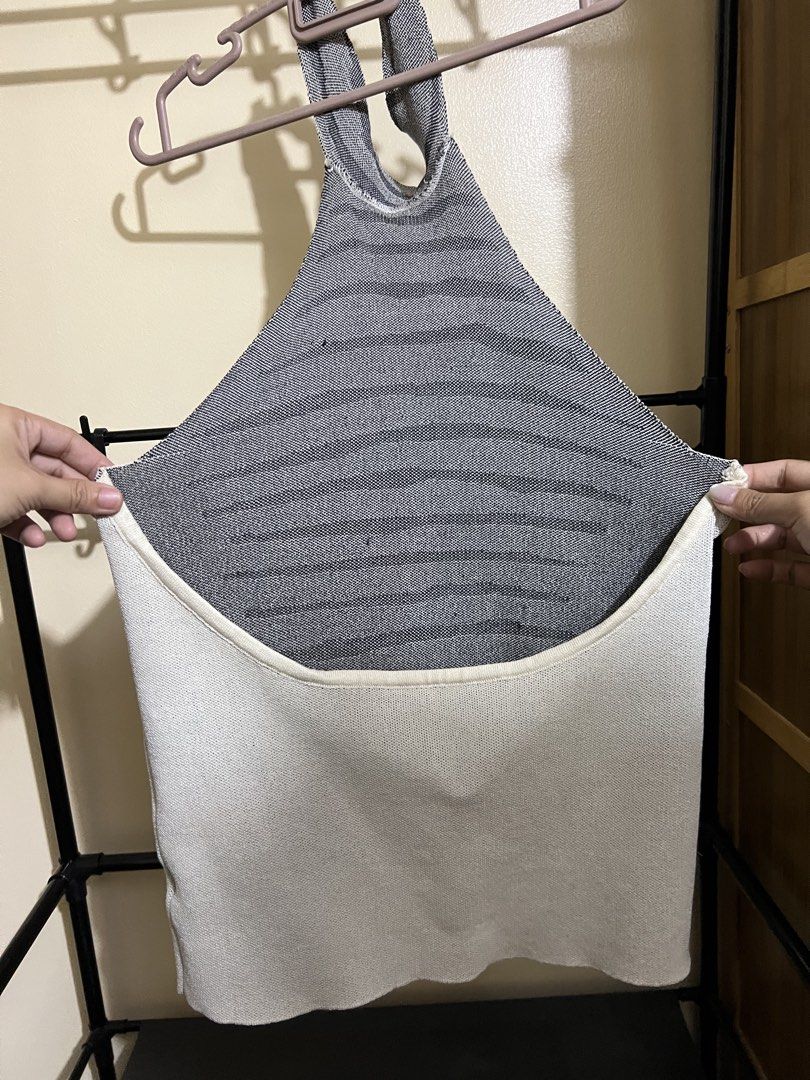Backless Knitted Top White with Zebra Stripes (Category: Sleeveless) located in Manila. Submitted by chelseayb47224 (Listing ID 1458399989, Image 2). Description: - Backless Knitted Top - Casual or beach wear - button close at neck.