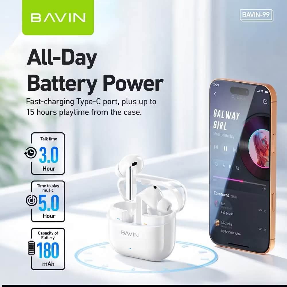 Bavin TWS Wireless Earbuds Bluetooth 5.3 Low Latency (Category: Earphones) located in Manila. Submitted by iliasjen3082126 (Listing ID 1458381712, Image 2). Description: - Super comfy Bavin TWS wireless earbuds - Bluetooth 5.3 for high performance and low latency (great for gaming!) - Up to 5 hours music playtime - Additional 15 hours playtime with 180mAh charging case - Fast charging via Type-C port - Top-quality mic for clear calls - Available 