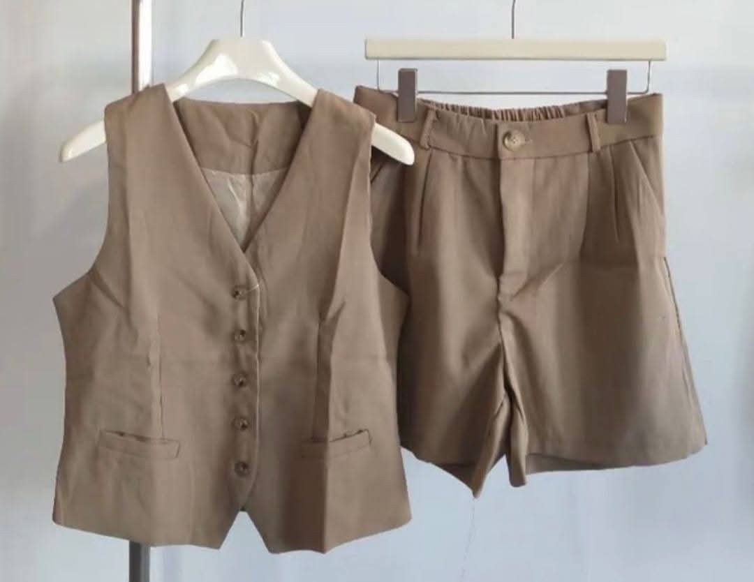 Beige coordinates (Category: Sets or Coordinates) located in Tuguegarao City. Submitted by bili_naph (Listing ID 1458398608, Image 1). Description: ☆ Beige two-piece vest and shorts coordinates ☆ Bought in Bangkok for P1,950 ☆ Brand new but no tag ☆ Size large ☆ Bust 37" ☆ Waist 30" (garterized, can fit until 32") ☆ Length 17.2" ☆ Very pretty! 😍 ☆ P800.00 only.