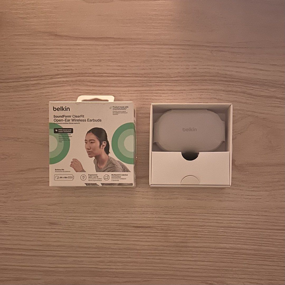 Belkin SoundForm ClearFit Open-Ear Wireless Earbuds (Category: Earphones) located in Angono. Submitted by moonersss (Listing ID 1458458000, Image 1). Description: - Belkin SoundForm ClearFit Open-Ear Wireless Earbuds - IPX5 sweat and water resistant - 8 hours battery life, plus 24 hours with charging case - Comfortable ergonomic open-ear fit - Multipoint connection (pair with 2 devices simultaneously) - Made with recycled plastic.