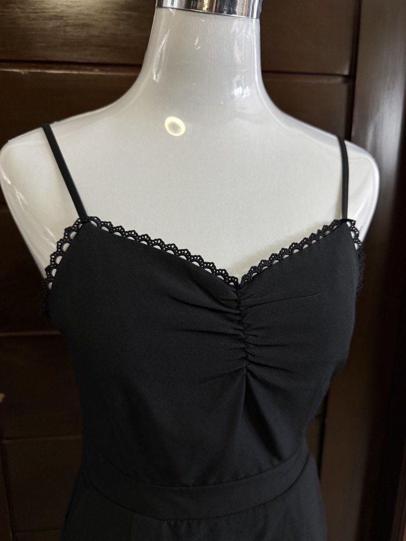 Black Spaghetti Strap Mini Dress with Lace Trim (Category: Dresses) located in Quezon City. Submitted by soloqueenph (Listing ID 1458360177, Image 3). Description: - Cute black mini dress - Spaghetti straps with delicate lace trim neckline - Ruched detail on the bust - Fitted waist with A-line skirt - Versatile for night outs or casual wear.