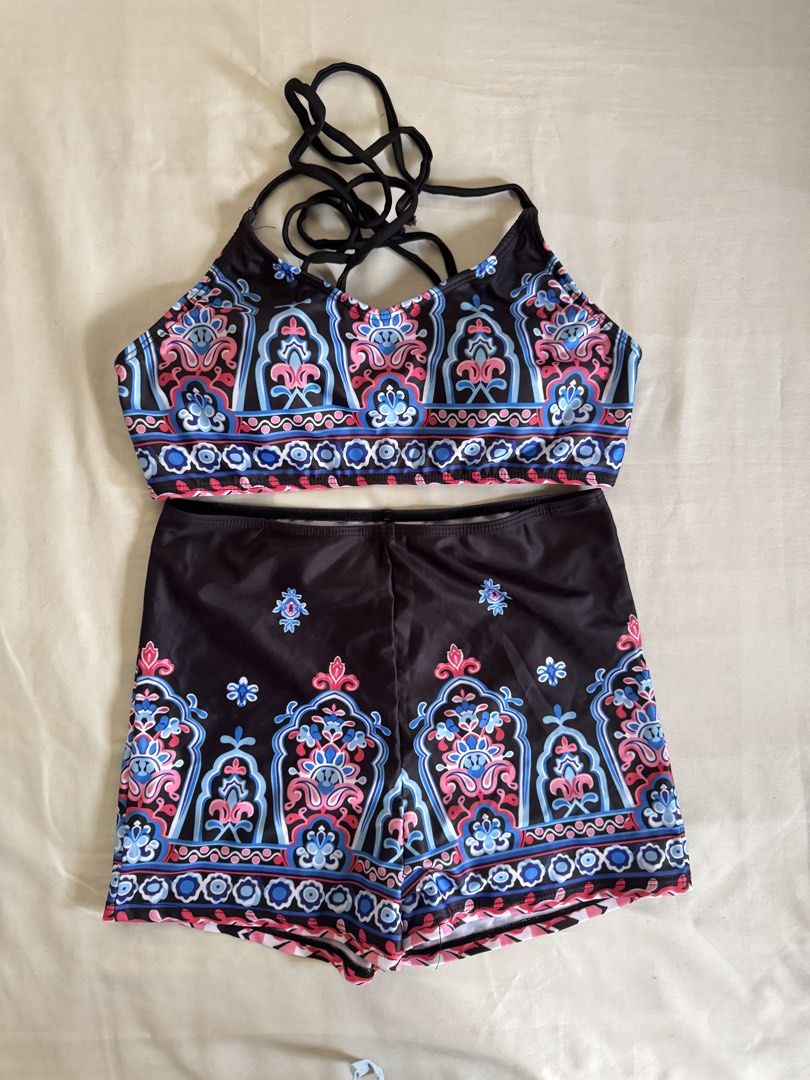 Boho Print High Neck Bikini Set with Shorts (Category: Bikinis & Swimsuits) located in Baguio. Submitted by makemegeli (Listing ID 1458324636, Image 1). Description: - Adorable boho print bikini set - High neck top with adjustable tie back - Matching high-waisted shorts - Ideal for beach or pool outings - Features fun colors and a unique pattern - Designed for a comfortable fit.