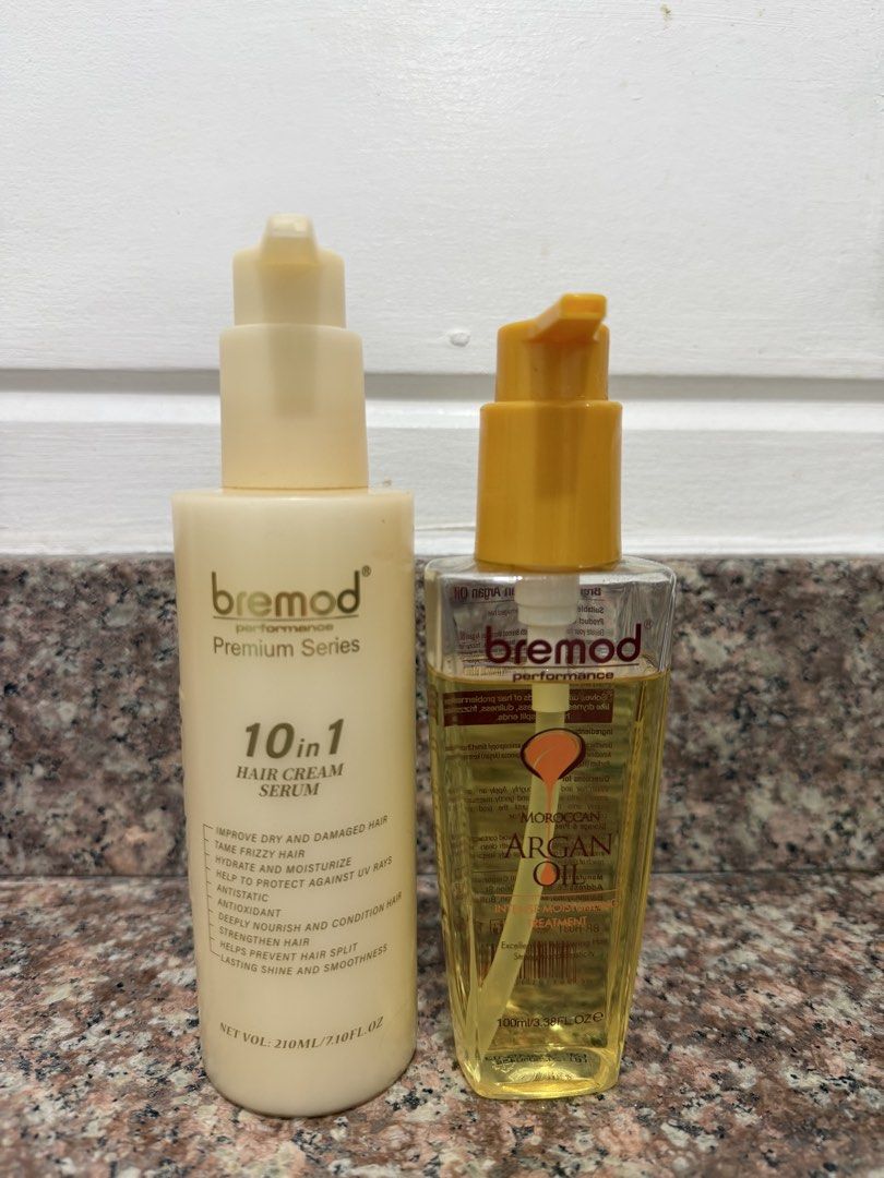 Bremod Hair Care Bundle (Category: Hair) located in Manila. Submitted by secondedit_123 (Listing ID 1458382641, Image 1). Description: Bremod Premium Series 10-in-1 Hair Cream Serum 210 mL Helps improve the appearance and feel of dry and damaged hair Bremod Moroccan Argan Oil Intensive Treatment 100 mL Argan-based hair treatment that helps condition, smooth, and add shine to the hair. Great for dry, frizzy, or damaged-looking hair. 💛 Selling as 