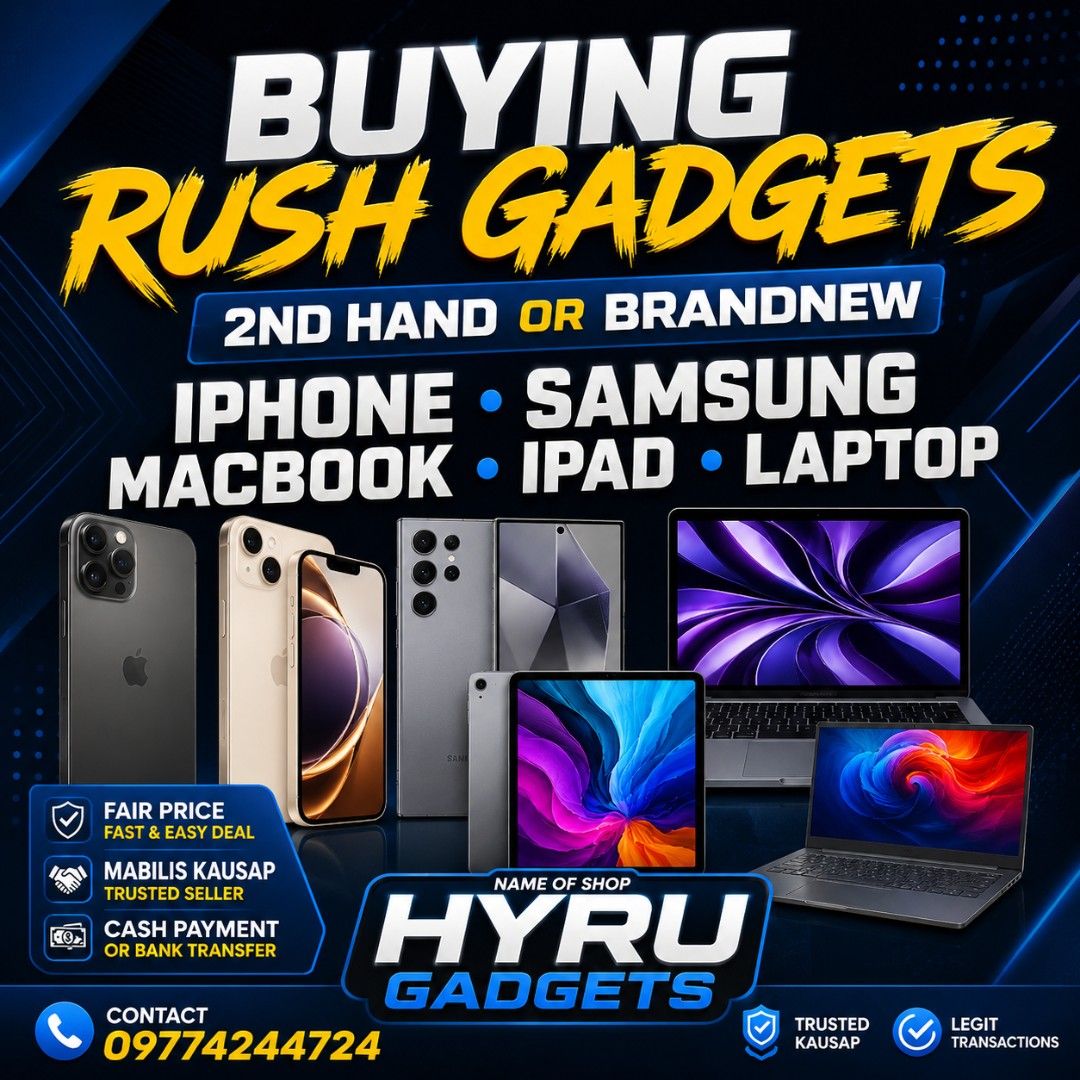 Buying RUSH Gadgets (Category: iPhone 17 Series) located in Malabon City. Submitted by hyrugadgets (Listing ID 1458445889, Image 1). Description: Buying RUSH Gadgets Samsung / Iphone / Macbook Laptop / Ipad / Tablet anything basta RUSH Price pm niyo lang full specs and Condition ng Unit Loc: Malabon Pin: Hyru Gadgets.