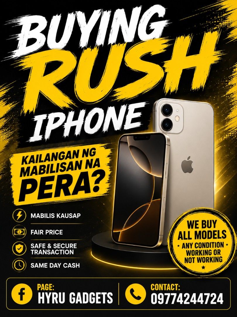 Buying RUSH Iphone 17 or 17 Pro Max (Category: iPhone 17 Series) located in Malabon City. Submitted by hyrugadgets (Listing ID 1458448718, Image 1). Description: Buying RUSH Iphone Iphone 11 to 17 Pro Max basta RUSH Price Kunin ko Agad Sure Buyer Here Check Costumer Feedback:).