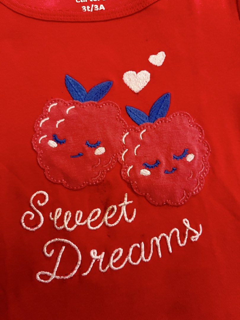 Carter's Red Raspberry "Sweet Dreams" Pajama Set Size 3T (Category: Babies & Kids Fashion) located in Quezon City. Submitted by muffet9 (Listing ID 1458324948, Image 2). Description: - Carter's pajama set, size 3T - Red short-sleeve top with embroidered raspberries and "Sweet Dreams" text - Matching pink leggings with all-over raspberry print - Comfortable and cute for bedtime -has some flaws on the embroidery of shirt -fabric is still very soft 