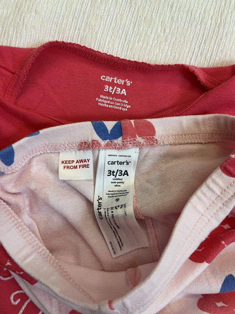 Carter's Red Raspberry "Sweet Dreams" Pajama Set Size 3T (Category: Babies & Kids Fashion) located in Quezon City. Submitted by muffet9 (Listing ID 1458324948, Image 3). Description: - Carter's pajama set, size 3T - Red short-sleeve top with embroidered raspberries and "Sweet Dreams" text - Matching pink leggings with all-over raspberry print - Comfortable and cute for bedtime -has some flaws on the embroidery of shirt -fabric is still very soft 