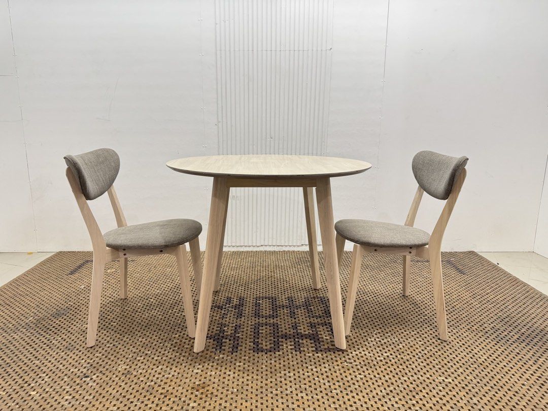 Coffee Table (Category: Tables & Sets) located in Quezon City. Submitted by matetdevis13 (Listing ID 1458380188, Image 1). Description: Scandinavian Round Dining Set Coffee Table with 2 Upholstered Chairs Price: 8,900 Table: L35.5 x H29.5 Chairs: L16 x W19 x H31/17 In good condition Code JMD52-MJ762.