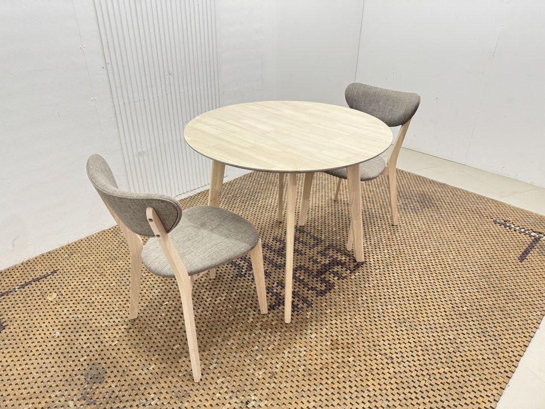 Coffee Table (Category: Tables & Sets) located in Quezon City. Submitted by matetdevis13 (Listing ID 1458380188, Image 3). Description: Scandinavian Round Dining Set Coffee Table with 2 Upholstered Chairs Price: 8,900 Table: L35.5 x H29.5 Chairs: L16 x W19 x H31/17 In good condition Code JMD52-MJ762.