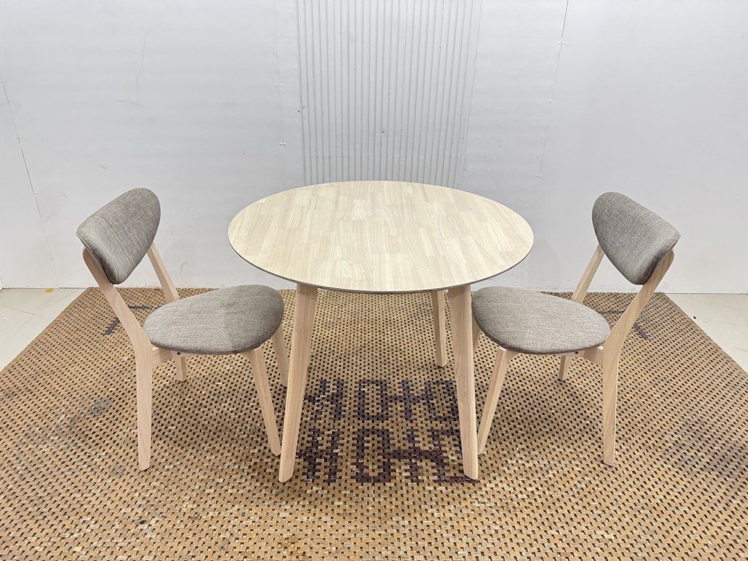 Coffee Table (Category: Tables & Sets) located in Quezon City. Submitted by matetdevis13 (Listing ID 1458380188, Image 2). Description: Scandinavian Round Dining Set Coffee Table with 2 Upholstered Chairs Price: 8,900 Table: L35.5 x H29.5 Chairs: L16 x W19 x H31/17 In good condition Code JMD52-MJ762.