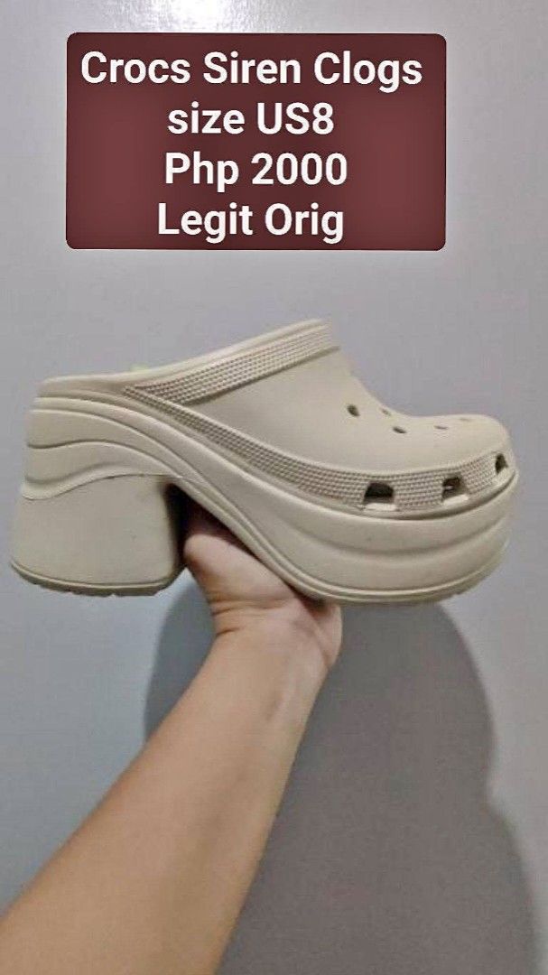 Crocs Siren Clogs US8 Legit Orig (Category: Slippers and slides) located in Manila. Submitted by chubbychic553 (Listing ID 1458465758, Image 2). Description: BRAND NEW Original Crocs Siren Clogs Size: US 8 Color: BONE ( best seller shade Price: Php 2000 location: Tayuman Manila shipping via lbc or lalamove shipping fee shouldered by buyer can do videocall for legitimacy .