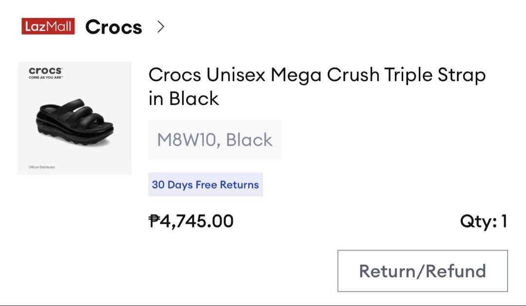 Crocs Unisex Mega Crush Triple Strap - Black (Category: Sandals) located in Mandaluyong City. Submitted by ddcrps (Listing ID 1458329740, Image 2). Description: - Size: M8/W10 - Has some minor scratches but barely visinle - RFS: decluttering - Shipping/pick up to be arranged by buyer - 📍Mandaluyong - Bought for 4,745p.