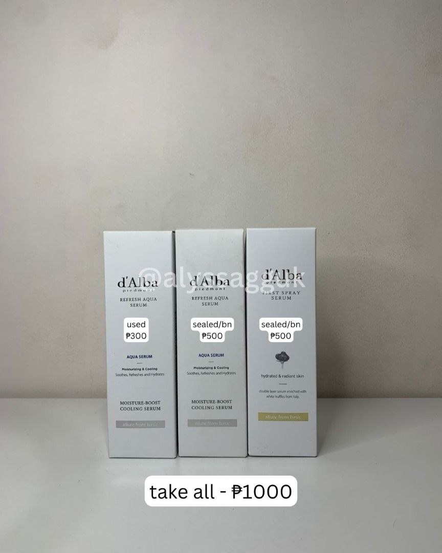d’Alba First Spray Serum (Category: Face Care) located in Marikina City. Submitted by alyssagguk (Listing ID 1458462808, Image 1). Description: OPEN FOR TAKE ALL, DM YOUR OFFER prices indicated on the photo d’Alba Refresh Aqua Serum d’Alba First Spray Serum d’Alba Vital Spray Serum .