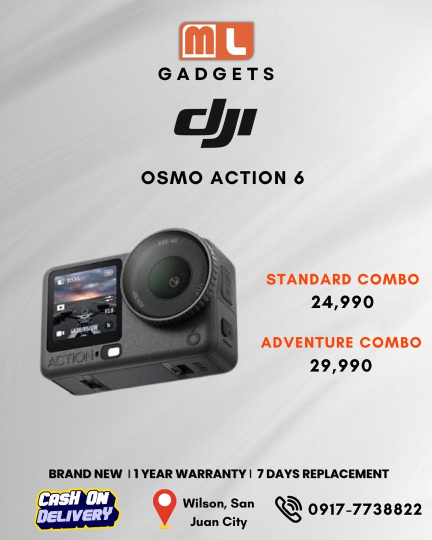 DJI Action 6 (Category: Video Cameras) located in San Juan City. Submitted by ml.gadgets (Listing ID 1458391484, Image 1). Description: DJI Action 6 Standard Combo - 24,990 Adventure Combo - 29,990 - Brand New and Sealed - 100% Original and legit - Over 1,500+ gadgets sold 💵 C.O.D. | C.O.P. | Bank Transfer 🛵 Same day delivery within Metro Manila ⚙️ 7 days replacement warranty ⚙️ 1 year warranty *Prices are subject to change without prior notice