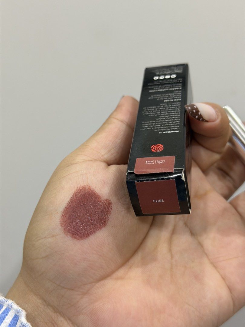 Enigma Liplore Fixing Matte Lipstick - Fuss (Category: Makeup) located in Manila. Submitted by declutterreset.ry (Listing ID 1458483993, Image 3). Description: - Enigma Liplore Fixing Matte Lipstick - Shade: Fuss (muted rose/brownish-pink) - Finish: Matte - Swatched 3x - Condition: Comes with original box - Perfect for: Everyday wear, subtle color.