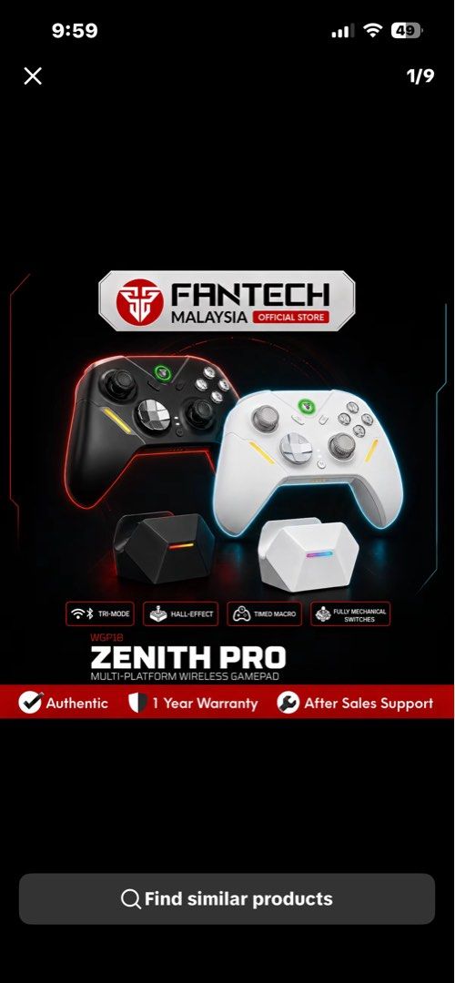 FANTECH ZENITH PRO CONTROLLER (Category: Others) located in Hulu Langat. Submitted by killerbee00 (Listing ID 1458443261, Image 1). Description: Selling my high-performance gaming controller. Great for PC, Switch, and mobile. No stick drift!Condition: [e.g., 9/10, like new / brand new]Features: Hall-Effect sticks (no drift), mechanical buttons, 1000Hz response.Includes: Controller, magnetic charging dock, 2.4G dongle, box, and cables..