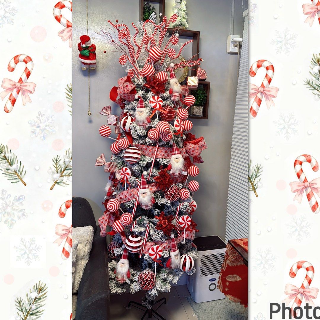 Flocked Candy Cane Theme Decorations (Category: Other Home Decor) located in Quezon City. Submitted by stuffamania (Listing ID 1458410804, Image 1). Description: - Fun candy cane theme - Includes red and white ornaments, Santa figures, and ribbons - Used only once - Decorations only - Tree and light not included - Perfect for a festive holiday display and cheerful atmosphere -all decors bought at SM Dept Store -super cute in actual and ganda -ila