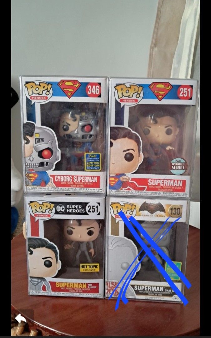 Funko Pop! DC Super Heroes Superman Figures (Category: Figurines & Statues) located in Santa Rosa. Submitted by majanice (Listing ID 1422503535, Image 1). Description: - Funko Pop! collection featuring DC Super Heroes Superman and Cyborg Superman. - Includes various Superman figures. - Figures are in their original boxes. - Includes figures numbered 251, 130, and 346. - Some boxes have a 'Hot Topic' sticker. price is 1500 each buy all for 4000.