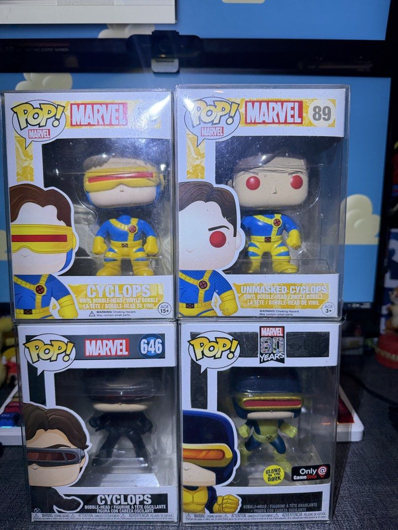 Funko Pop! Marvel Cyclops Figures (4 pieces) Rare OG unmasked (Category: Figurines & Statues) located in Manila. Submitted by zupershan (Listing ID 1458442589, Image 1). Description: - Set of 4 Funko Pop! Marvel Cyclops figures - Includes: Standard Cyclops (x2), Unmasked Cyclops (89), Glow-in-the-Dark Cyclops (GameStop Exclusive) - All figures are in their original, unopened boxes - Ideal for any Marvel or X-Men Funko Pop! collector.