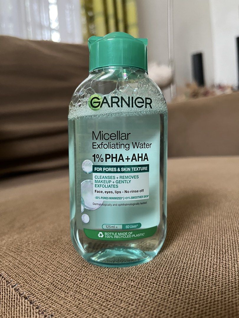 Garnier Micellar Exfoliating Water 1% PHA + AHA (Category: Face Care) located in Las Pinas. Submitted by angebltrn (Listing ID 1458365811, Image 1). Description: - Garnier Micellar Exfoliating Water with AHA PHA BHA - Size: 125 ml - Used twice - RFS: My dermatologist changed my routine as soon as I started this.