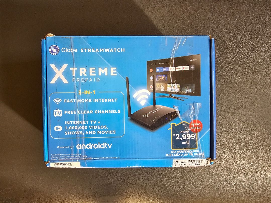 Globe Streamwatch Xtreme Prepaid Android TV Box (Category: TV) located in Caloocan City. Submitted by freeshark.48ec8d (Listing ID 1458439161, Image 1). Description: - Globe Streamwatch Xtreme Prepaid Android TV Box - 3-in-1 Fast Home Internet - Free clear channels - Access 1,000,000+ videos, shows, and movies - Includes: Box, router, remote controls, power adapter, and cables - Ready to use -Need to Replace Sim Card.