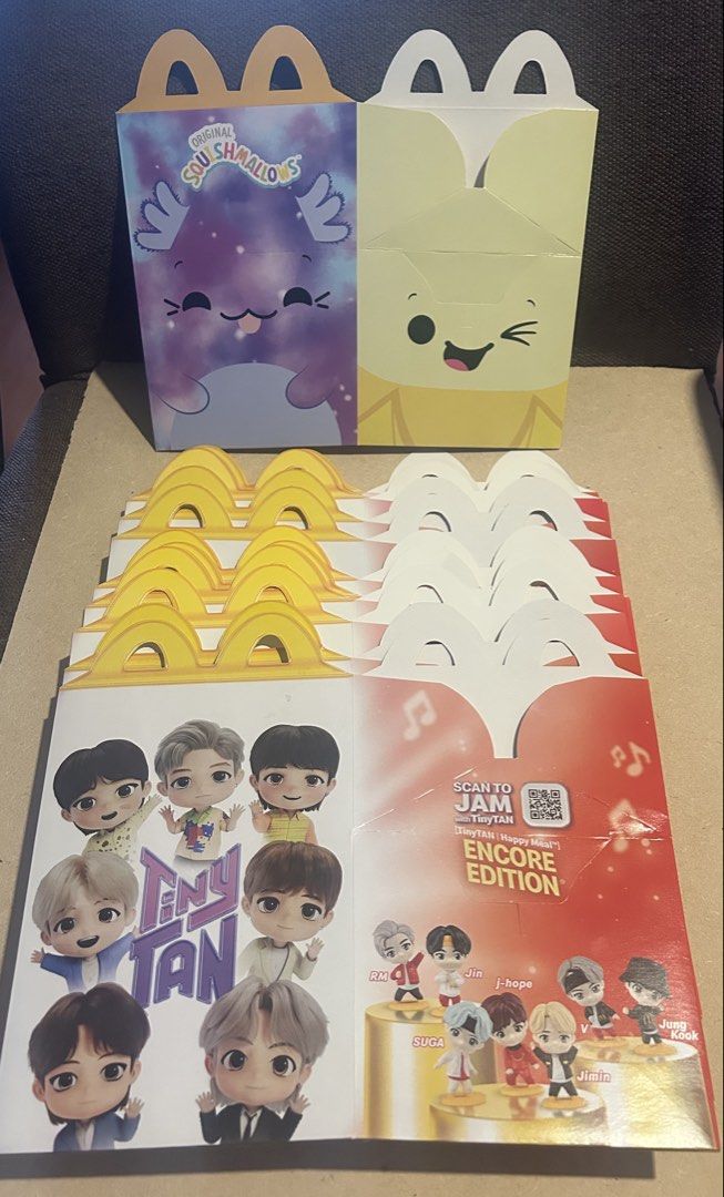 Happy Meal Tiny Tan Boxes (15 pcs) + free Squishmallows box (Category: Designer & Blind Box Toys) located in Binan City. Submitted by impulsebuyer12 (Listing ID 1458330239, Image 1). Description: Good as new. 15 pcs Tiny Tan boxes plus free 1 pc Squishmallows box.