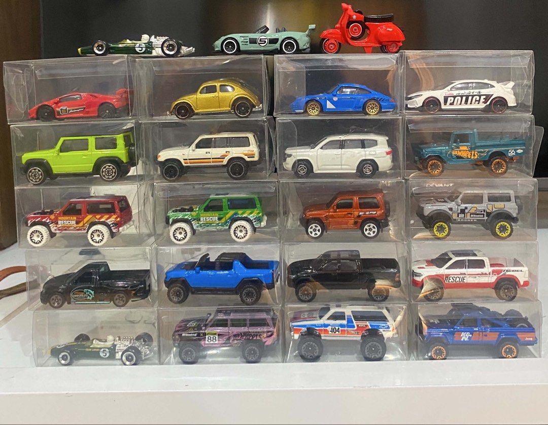 Hot Wheels Cars Collection (Category: Vehicle & Diecast Models) located in Manila. Submitted by toastedsiopao.o (Listing ID 1458438575, Image 1). Description: 21pcs Hot Wheels (LC, Lambo, Bumblebee, Civic) 1 pc Tomica Land Cruiser 1 pc Jimny (nakalimutan ang brand) Mode of Payment (MOP): GCash, BPI Shipping LBC, Lalamove, J&T/ Meet-up Location: Batangas/Sampaloc near UST.