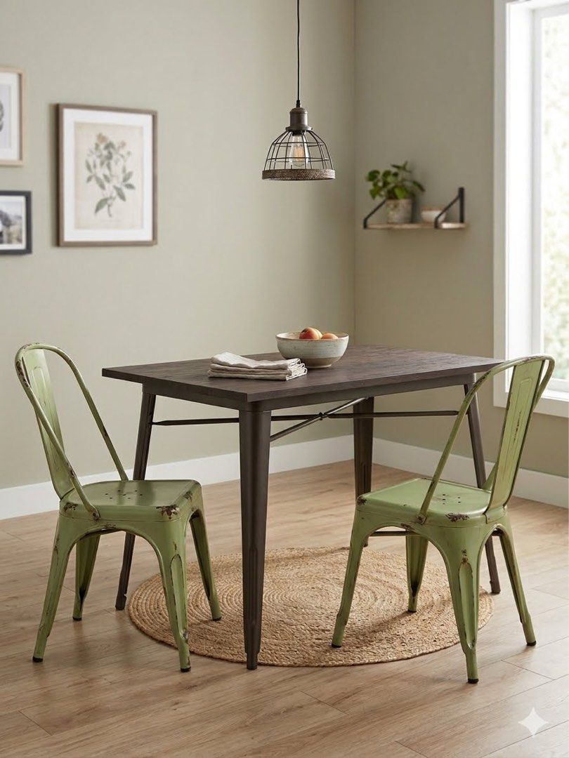Industrial Style Dining Table and Chairs Set (Category: Tables & Sets) located in Mandaluyong City. Submitted by girlboss01 (Listing ID 1458467564, Image 1). Description: - Dark wood top dining table with sturdy metal legs. - Includes two distressed green metal chairs. - Ideal for small dining areas or kitchen nooks. - Chairs are stackable for convenient storage. - Rustic industrial aesthetic..