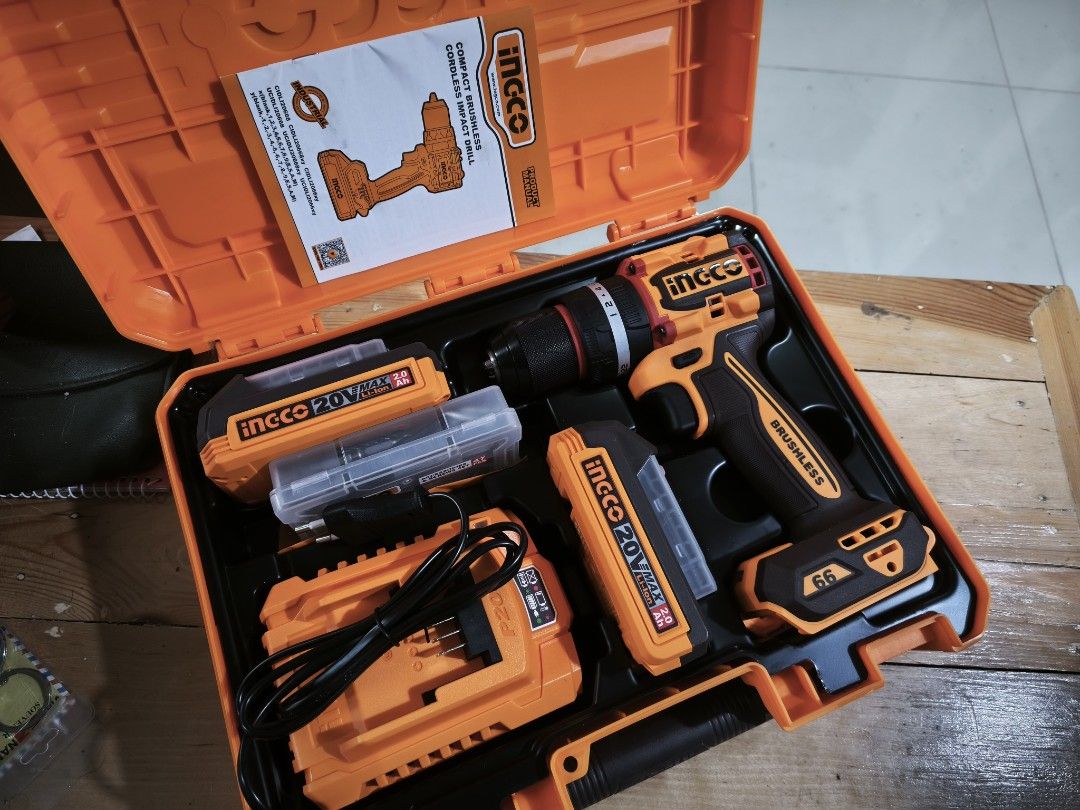INGCO 20V Compact Brushless Cordless Impact Drill Kit (Category: Construction Tools & Equipment) located in Marikina City. Submitted by bentapalugi77 (Listing ID 1458330224, Image 1). Description: - INGCO 20V Compact Brushless Cordless Impact Drill - Model: CIDLI20668 - Includes: 2 x 2.0Ah Li-Ion Batteries, Charger, Hard Case - Powerful and reliable for your projects - Slightly negotiable .