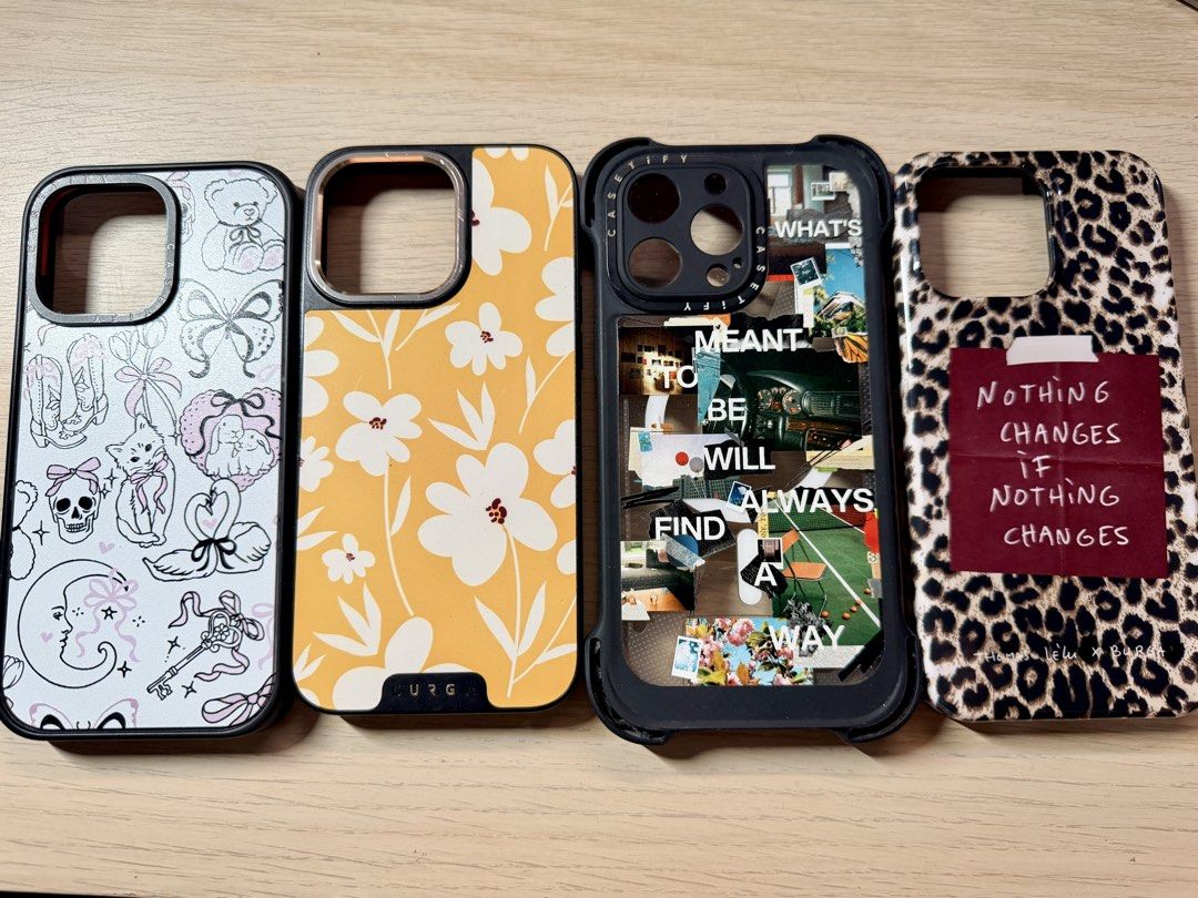 iPhone 15 Pro Max Cases (Burga & Casetify) (Category: Cases & Sleeves) located in San Juan City. Submitted by jhenriette (Listing ID 1458330063, Image 1). Description: 5 original Burga and Casetify shockproof cases bundle at Php 4,000 If per item *CASETIFY* - Yoga Cat (with hairline scratches which is unfortunately a usual Casetify issue for non matte cases) - Php 750 - What’s Meant To Be Ultra Bounce Magsafe- Php 2,500 (SRP 4790) White Cat Coque