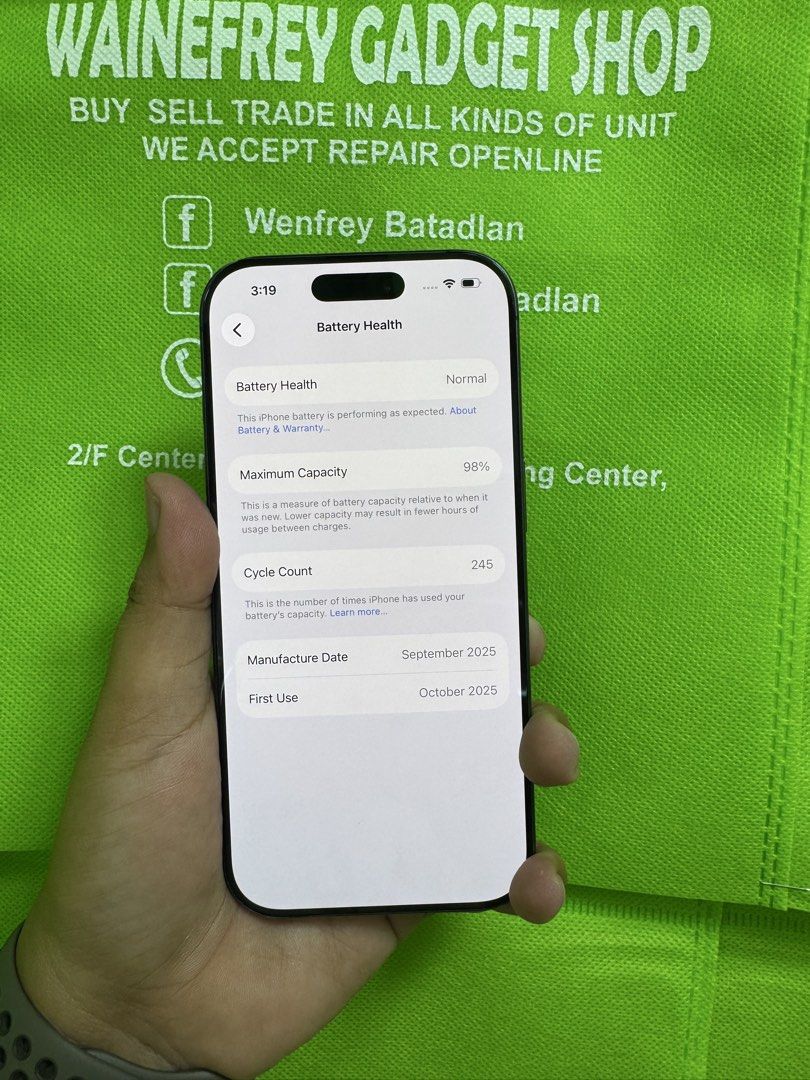 iPhone 17 512gb (F.U) (Category: iPhone 17 Series) located in San Juan City. Submitted by wainefreygadgetshop (Listing ID 1458476466, Image 3). Description: iPhone 17 512gb (F.U) MAY FACE I.D MAY TRUETONE ALL GOODS AT WORKING NO REPAIR HISTORY NO HIDDEN ISSUE BATTERY HEALTH 98% 245 cycle count Makinis pede sa maarte bawal sa nag iinarte 96% Smooth😊 TEST TO SAWA BAGO BAYARAN For fast transaction call/text 09279452049,09704549340 *PAG COD SAMIN AN