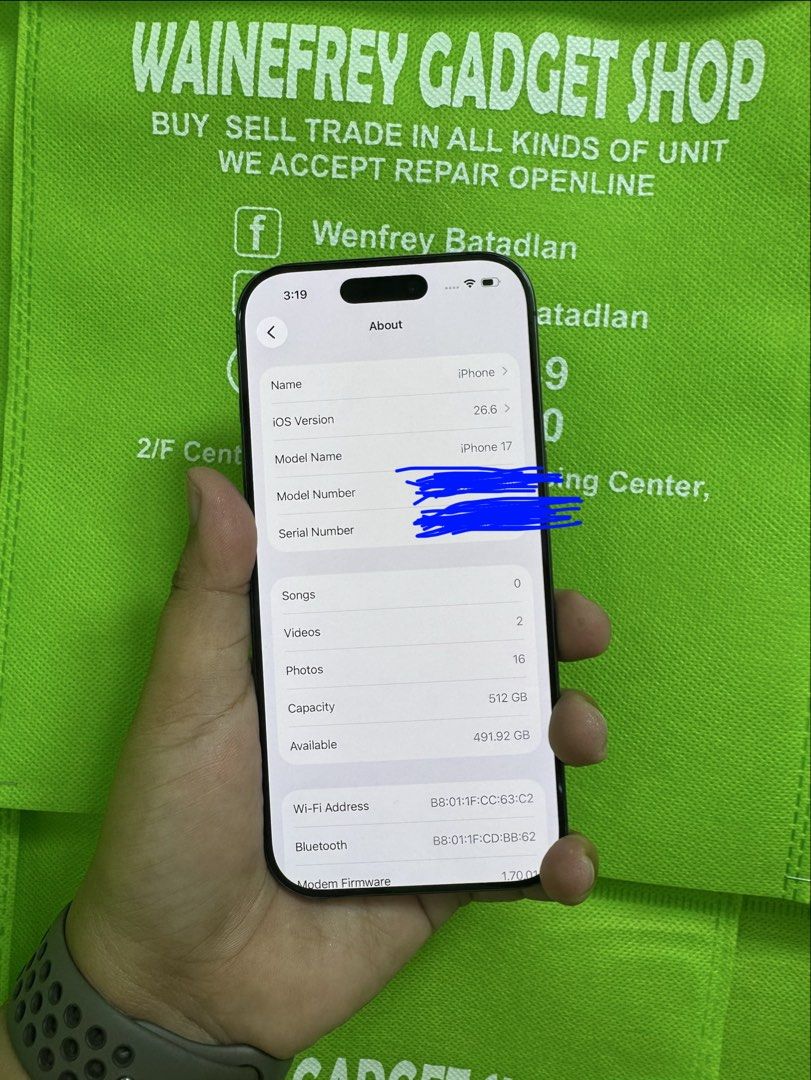 iPhone 17 512gb (F.U) (Category: iPhone 17 Series) located in San Juan City. Submitted by wainefreygadgetshop (Listing ID 1458476466, Image 2). Description: iPhone 17 512gb (F.U) MAY FACE I.D MAY TRUETONE ALL GOODS AT WORKING NO REPAIR HISTORY NO HIDDEN ISSUE BATTERY HEALTH 98% 245 cycle count Makinis pede sa maarte bawal sa nag iinarte 96% Smooth😊 TEST TO SAWA BAGO BAYARAN For fast transaction call/text 09279452049,09704549340 *PAG COD SAMIN AN