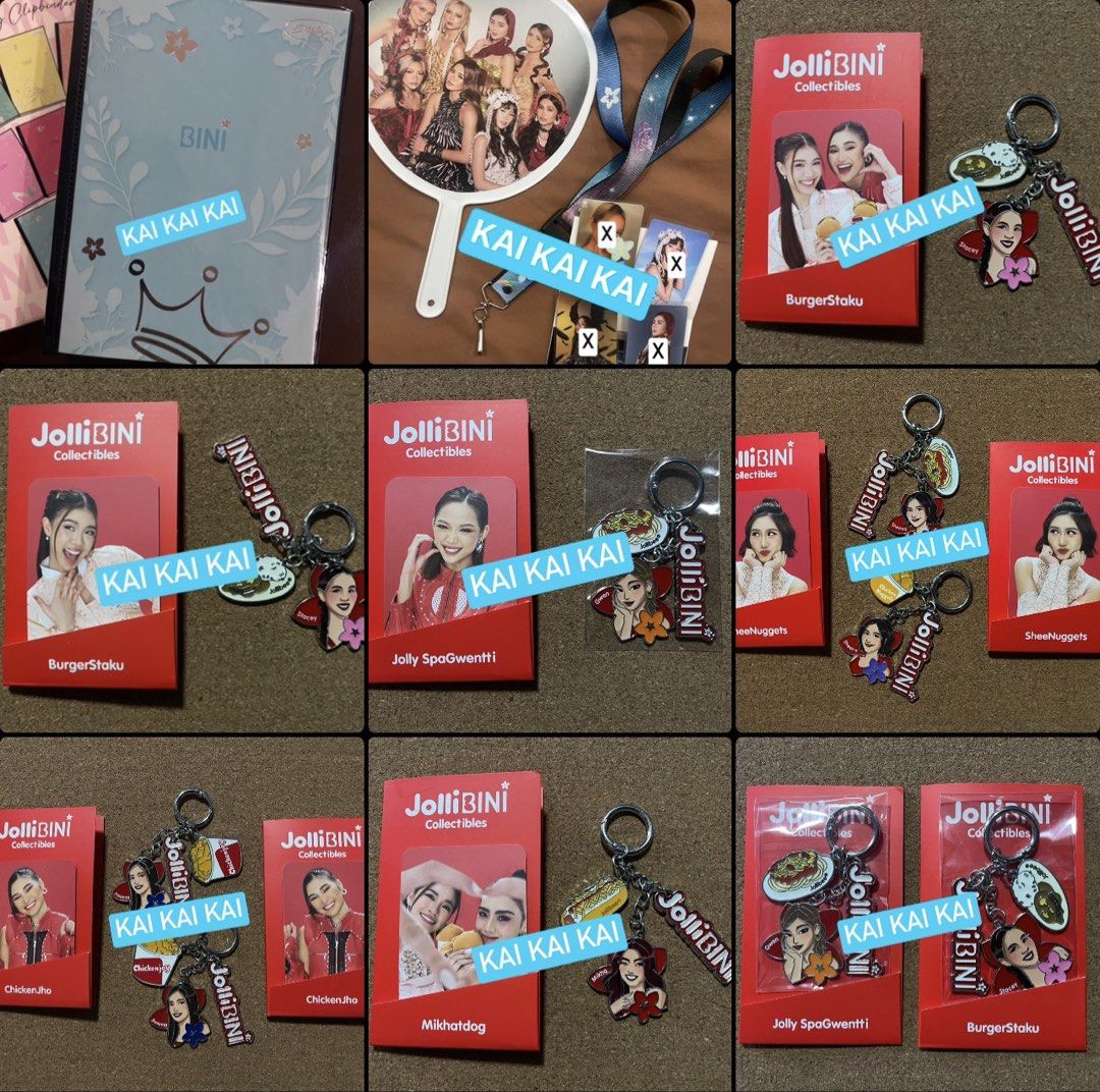 JolliBini V2 PCs and BCs (Category: Character Goods) located in Valenzuela. Submitted by patpeev (Listing ID 1458384921, Image 1). Description: Random BINI items HAVE: - JolliBini V2 PC w/ bag charm - 200 each (✅ Sheena, Jhoanna) (❌ JhoCey, Gwen, Stacey) - JolliBini V2 bag charm (Stacey) - 50 each - Cornetto Gwen (150) - Signals picket and lanyard (200 set) - Sterling binder notebook (Teal/Aiah) (100) - NBS Colet pen and pouch (150) MEET UP: 📍Va