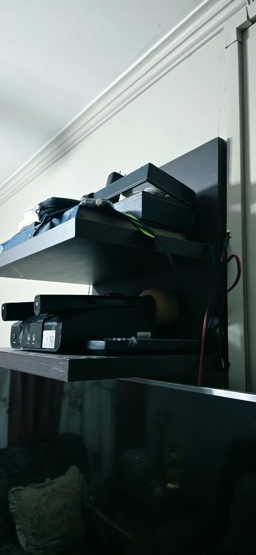 Koncept brand two-tiered floating wall shelf unit (Category: Shelves, Cabinets & Racks) located in Manila. Submitted by ubasirene (Listing ID 1458417077, Image 2). Description: - Koncept Brand Dual-tier shelf. Sturdy at heavy duty may kabigatan siya. - Ideal for tidying up your entertainment area or decors/ornaments. - Bought at Abenson Home 6K thus selling low for only 1K LP na po halos pamigay ko na 😀. - Approx 1.25 inches ka kapal ng shelves 