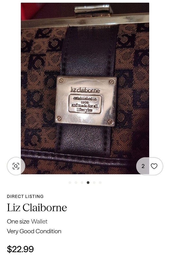 Liz Claiborne Wallet (Category: Wallets & Card holders) located in Makati City. Submitted by yerbua103 (Listing ID 1458409112, Image 2). Description: This is a vintage Liz Claiborne wallet with a brown and black monogram trifold wallet and brown leather trimming featuring a gold-tone logo plaque. Exterior shows wide kisslock for coins or keys and a flap to open for ample cards and photo compartment. First 3 pics are for references. Manage your ex