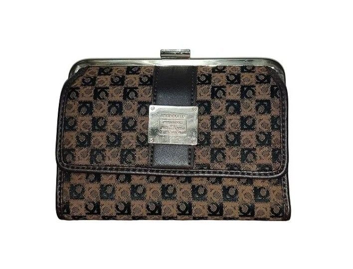 Liz Claiborne Wallet (Category: Wallets & Card holders) located in Makati City. Submitted by yerbua103 (Listing ID 1458409112, Image 1). Description: This is a vintage Liz Claiborne wallet with a brown and black monogram trifold wallet and brown leather trimming featuring a gold-tone logo plaque. Exterior shows wide kisslock for coins or keys and a flap to open for ample cards and photo compartment. First 3 pics are for references. Manage your ex