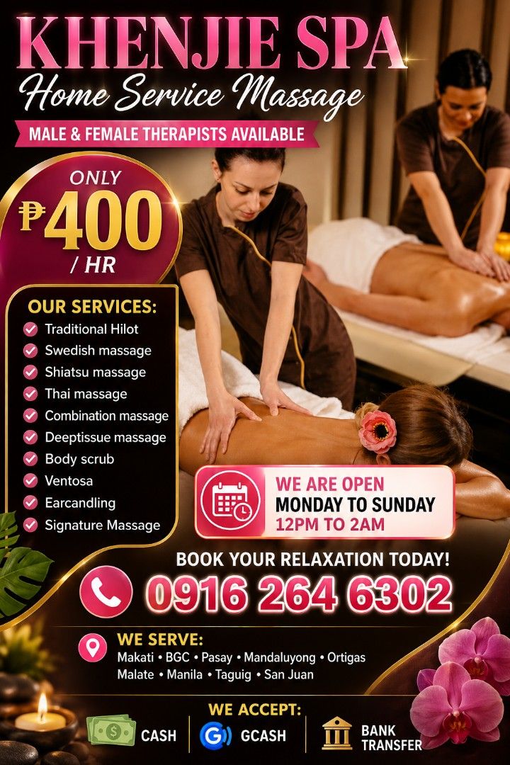 Massage Home service makati pasay bgc malate (Category: Beauty & Health Services) located in Makati City. Submitted by kenneth18400 (Listing ID 1340753684, Image 1). Description: Our fb pages Khenjie Spa Wellness Massage HOME SERVICE MASSAGE Available Male / Female Therapist Services Swedish Shiatsu Thai massage Ventosa Body scrub Earcandle ,Twin massage Prenatal massage Call +63 -916 26 46 302.