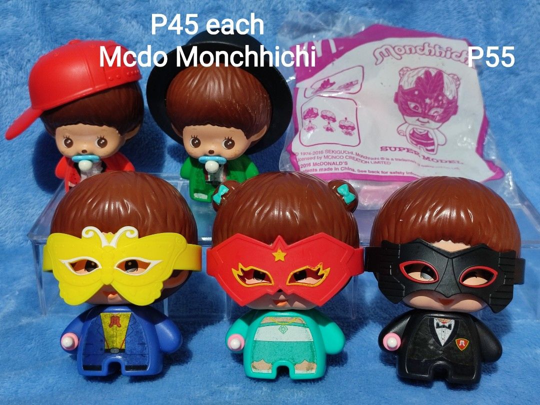McDo Monchhichi Figures - Various Designs Available (Category: Designer & Blind Box Toys) located in Baguio. Submitted by abigailmyra (Listing ID 1458395180, Image 2). Description: - Collectible McDo Monchhichi figures - Prices: P38 each, P45 each, and P55 for the one in a pouch - Features different characters and outfits loc:Baguio-CAR - Check photos for individual item details.