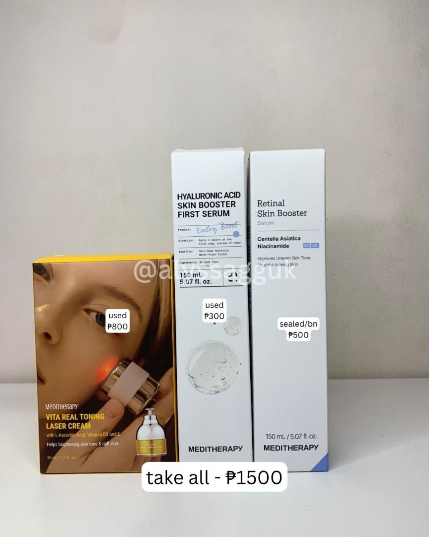 Meditherapy (Skin Booster, Laser Cream) (Category: Face Care) located in Marikina City. Submitted by alyssagguk (Listing ID 1458473716, Image 1). Description: Meditherapy Vita Real Toning Laser Cream Meditherapy Hyaluronic Acid Skin Booster First Serum Meditherapy Retinal Skin Booster.