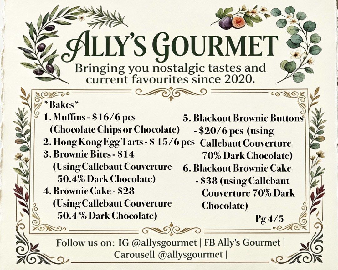 Menu (Category: Homemade Bakes) located in Singapore. Submitted by allysgourmet (Listing ID 1349758079, Image 4). Description: The full menu. .